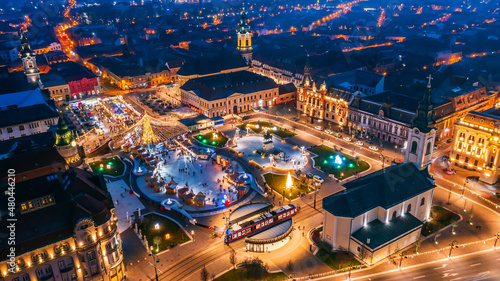 Obraz na płótnie Oradea, Romania - Christmas Market aerial view, Union Square. w salonie