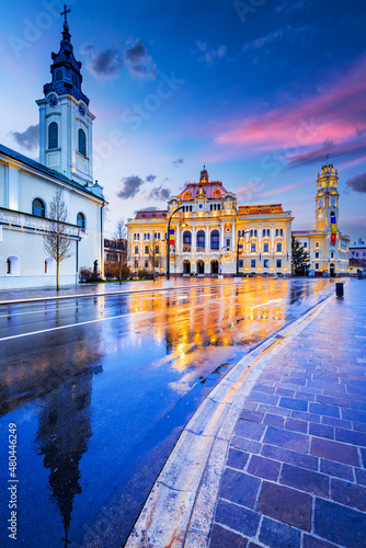 Obraz na płótnie Oradea, Crisana - City Hall rainy day reflection, Transylvania, Romania destination. w salonie