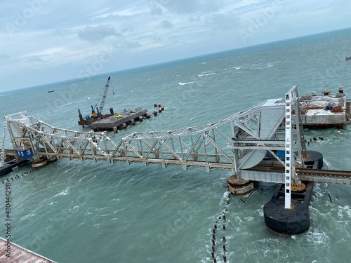 Pamban Bridge is a railway bridge which connects the town of Mandapam in mainland India with Pamban Island, and Rameswaram. world dangerous bridge on the sea, the longest sea bridge in India photo