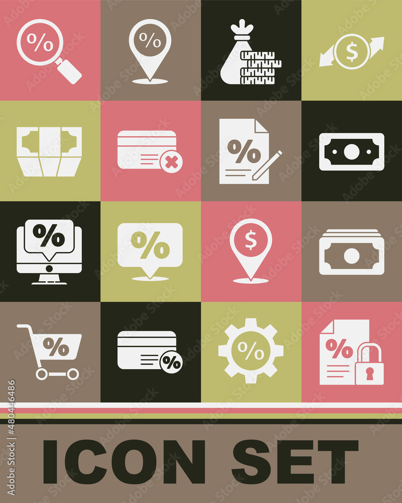 Set Finance document and lock, Stacks paper money cash, Money bag coin, Credit card remove, Magnifying glass with percent and icon. Vector Set Finance document and lock, Stacks paper money cash, Money bag coin, Credit card remove, Magnifying glass with percent and icon. Vector