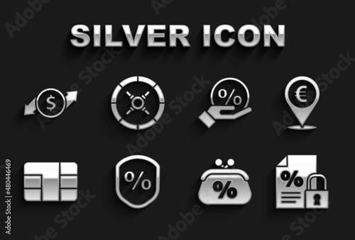 Set Loan percent, Cash location, Finance document and lock, Purse money, Credit card with chip, Discount tag, Financial growth dollar and Safe icon. Vector