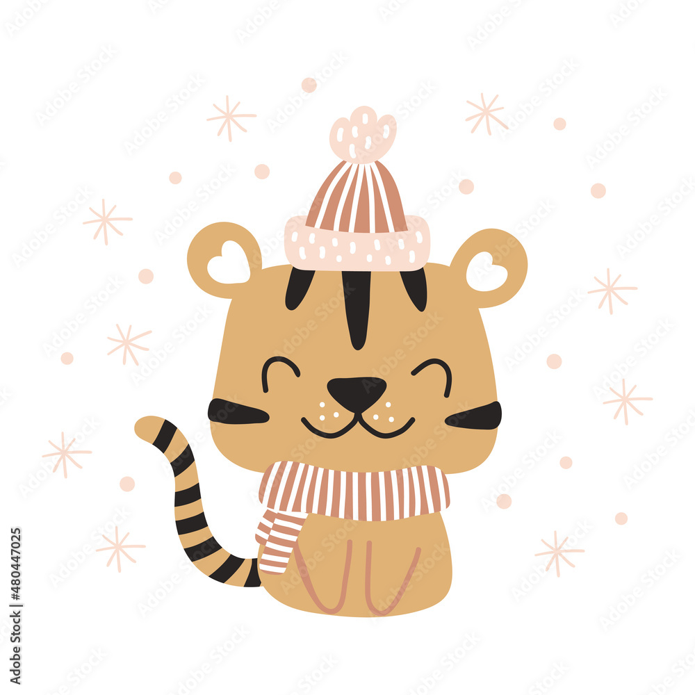 Naklejka premium Cute Christmas tiger. Vector isolated winter cartoon illustration on white background.