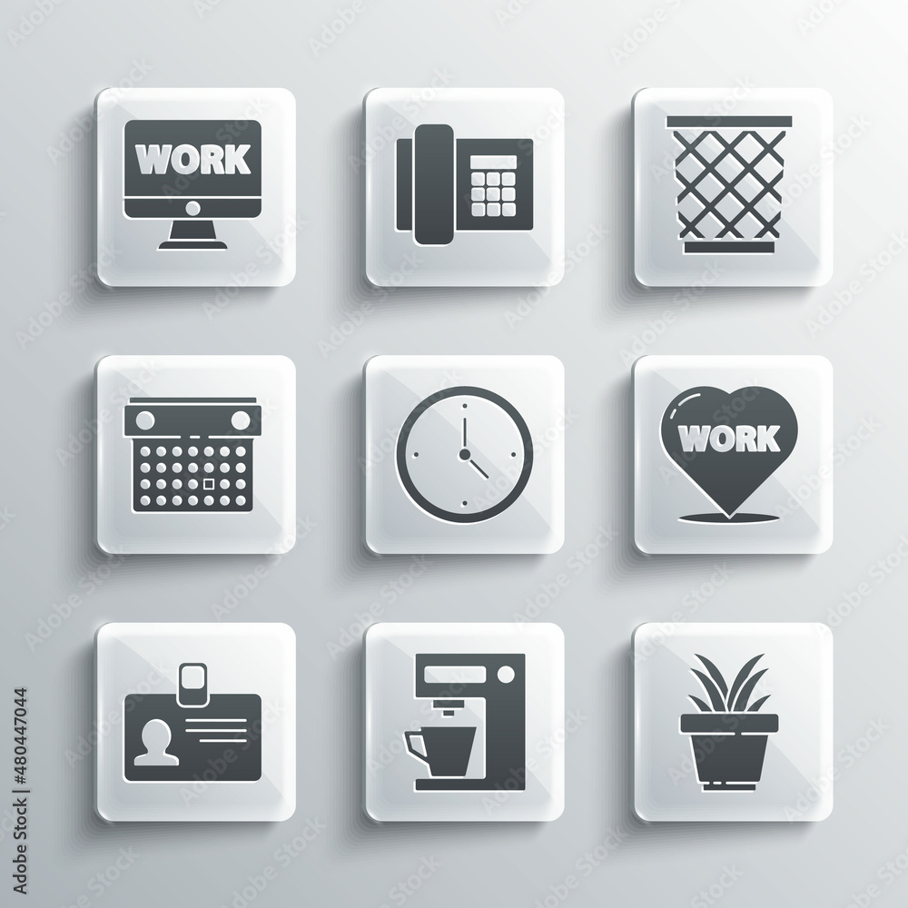 Set Coffee machine, Plant pot, Heart with text work, Clock, Identification badge, Calendar, Monitor and Trash can icon. Vector Set Coffee machine, Plant pot, Heart with text work, Clock, Identification badge, Calendar, Monitor and Trash can icon. Vector