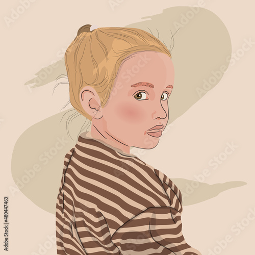 blonde girl in a striped T-shirt looks from behind