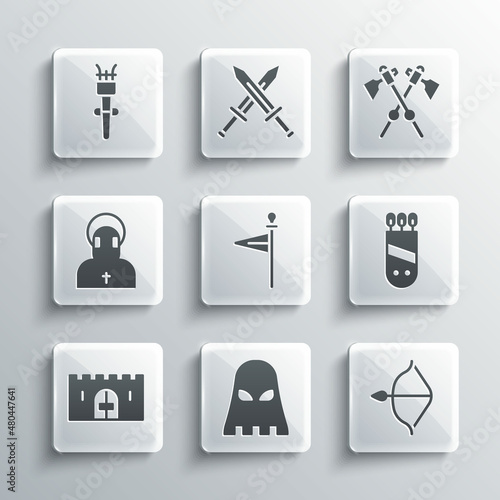 Set Executioner mask, Medieval bow and arrow, Quiver with arrows, flag, castle gate, Monk, Torch flame and Crossed medieval axes icon. Vector