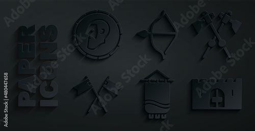 Set Medieval flag, Crossed medieval axes, castle gate, bow and arrow and Ancient coin icon. Vector