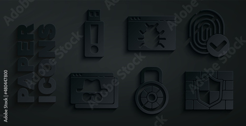 Set Safe combination lock, Fingerprint, Browser incognito window, Shield with brick wall, System bug and USB flash drive icon. Vector