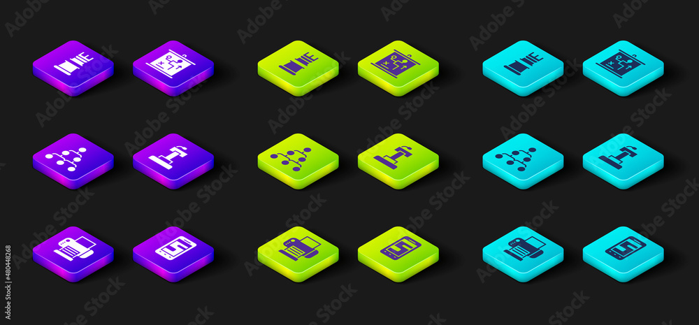 Set Printer, Chat messages on phone, Hierarchy organogram chart, Stage stand tribune, Planning strategy concept and Business icon. Vector Set Printer, Chat messages on phone, Hierarchy organogram chart, Stage stand tribune, Planning strategy concept and Business icon. Vector