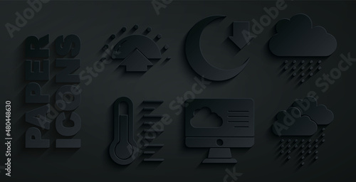 Set Weather forecast, Cloud with rain, Meteorology thermometer, Moon and Sunrise icon. Vector