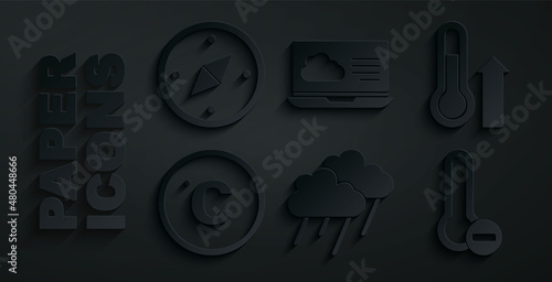 Set Cloud with rain, Meteorology thermometer, Celsius, Weather forecast and Compass icon. Vector