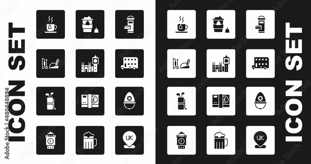 Set London mail box, Big Ben tower, Robin hood hat, Cup of tea with tea bag, Double decker bus, Coffee cup go, British police helmet and Golf clubs icon. Vector Set London mail box, Big Ben tower, Robin hood hat, Cup of tea with tea bag, Double decker bus, Coffee cup go, British police helmet and Golf clubs icon. Vector