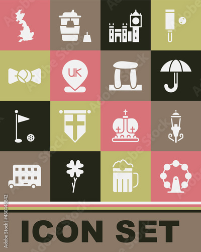 Set London eye, Vintage street light, Umbrella, Big Ben tower, Location England, Bow tie, map and Stonehenge icon. Vector