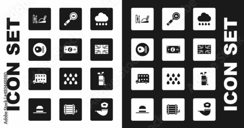 Set Cloud with rain, Pound sterling money, British breakfast, Robin hood hat, Flag of Great Britain, Magnifying glass, Golf bag clubs and Double decker bus icon. Vector