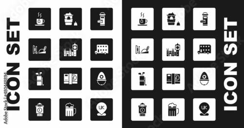 Set London mail box, Big Ben tower, Robin hood hat, Cup of tea with tea bag, Double decker bus, Coffee cup go, British police helmet and Golf clubs icon. Vector