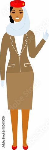 Flat cute cartoon stewardess of aircraft characters in air uniform.