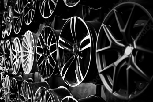 Car alloy wheels in a store, selective focus photo