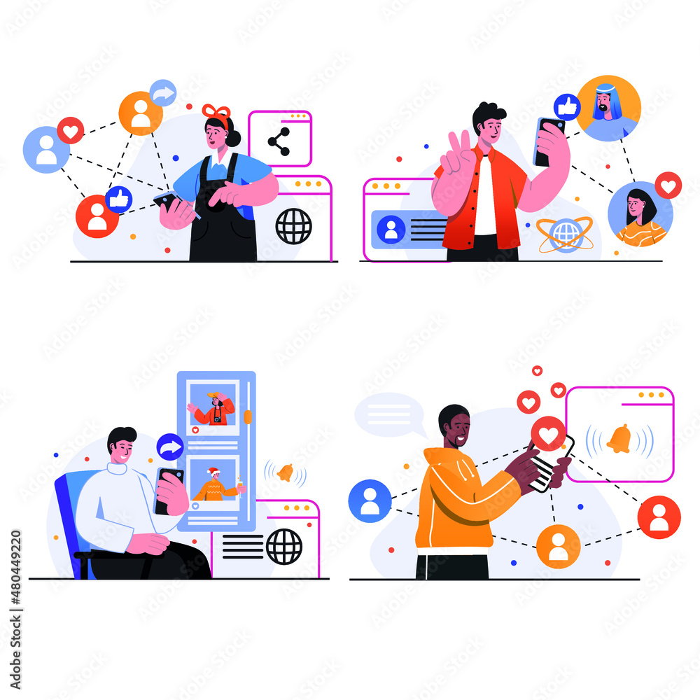 Fototapeta premium Social Network Concept Scenes Set 