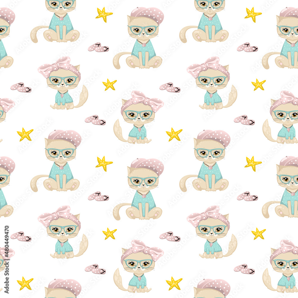 Cute cat with glasses and sea elements seamless pattern.