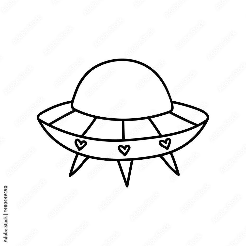 Flying saucer in doodle style. UFO Contour vector drawing. Unidentified
