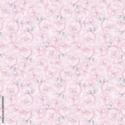 Watercolor pink realism peonies bloom with mint leaves seamless pattern. Botanical hand drawn floral illustration. Textile background. For linens, linen, wrapping paper, wallpaper, card, invitation.