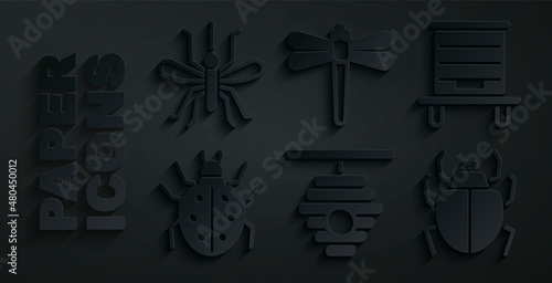 Set Hive for bees, Mite, Dragonfly and Mosquito icon. Vector