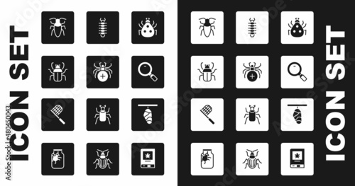 Set Ladybug, Spider, Stink, Cockroach, Magnifying glass, Centipede, Butterfly cocoon and net icon. Vector