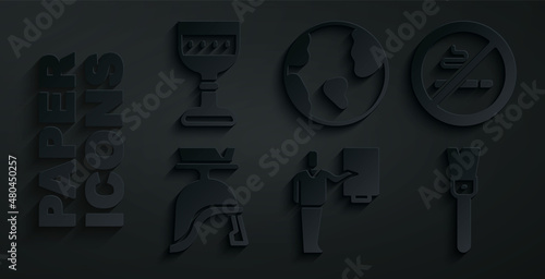 Set Museum guide, No Smoking, Roman army helmet, Paint brush, Earth globe and Medieval goblet icon. Vector