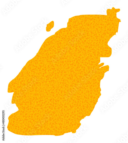 Vector Golden map of Bowen Island. Map of Bowen Island is isolated on a white background. Golden items mosaic based on solid yellow map of Bowen Island.