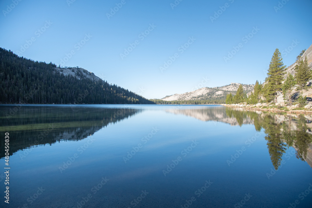 Mountain Reflecting in Pristine Lake on a Clear Day in Yosemite National Park, California
