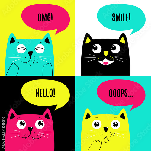 Set of portraits cute colorful cats with speach bubbles