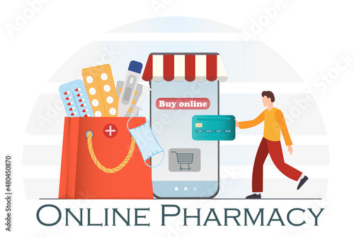 Young man paying credit card for online shopping, shopping bag with medical pills, termometr, vitamines and other medicines, online pharmacy concept, online shopping concept, flat vector illustration