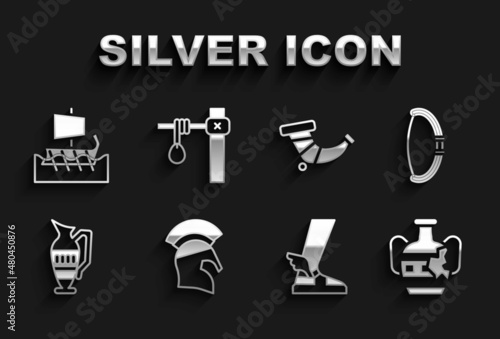 Set Greek helmet, Medieval bow, Broken amphorae, Hermes sandal, Ancient, Hunting horn, trireme and Gallows icon. Vector
