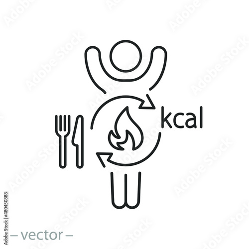body human with metabolic circulation, food and digestion icon, energetic process, thin line symbol on white background - editable stroke vector illustration