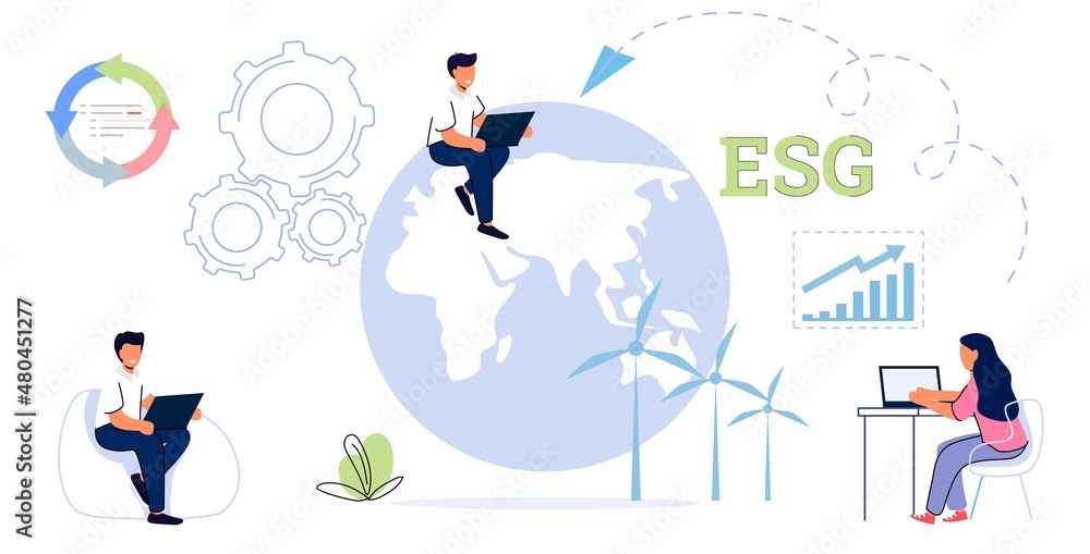 ESG Environmental Social and Governance Sustainable green company resources usage commitment Responsible attitude to nature and future Ethical business strategy concept Sustainable stocks evaluation