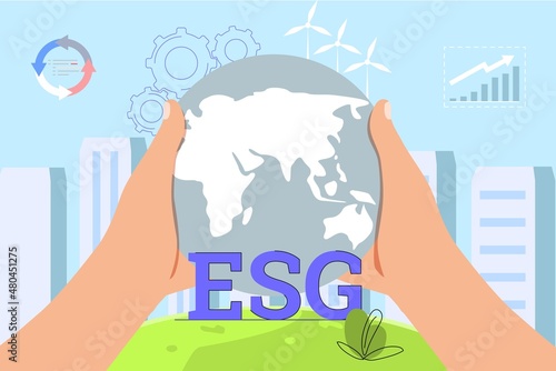 ESG Environmental Social and Governance Sustainable green company resources usage commitment Responsible attitude to nature and future Ethical business strategy concept Sustainable stocks evaluation