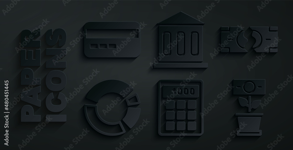 Set Calculator, Tearing money banknote, Pie chart infographic, Money plant the pot, Bank building and Credit card icon. Vector Set Calculator, Tearing money banknote, Pie chart infographic, Money plant the pot, Bank building and Credit card icon. Vector