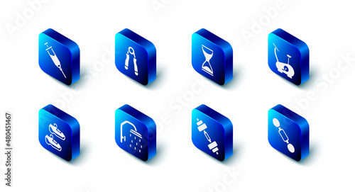 Set Sport expander, Old hourglass, Stationary bicycle, Dumbbell, Shower head, sneakers and Doping syringe icon. Vector