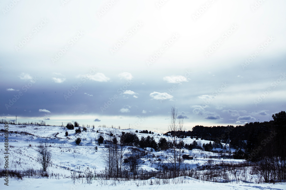 winter day landscape, snow hills and nature