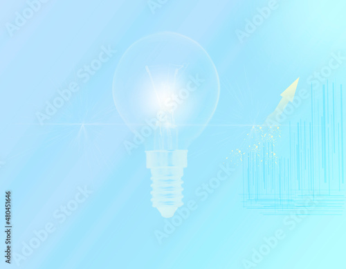 Vector de una bombilla blanca encendida y una flecha amarilla indicando la espectacular subida de la luz, sobre un fondo azul.