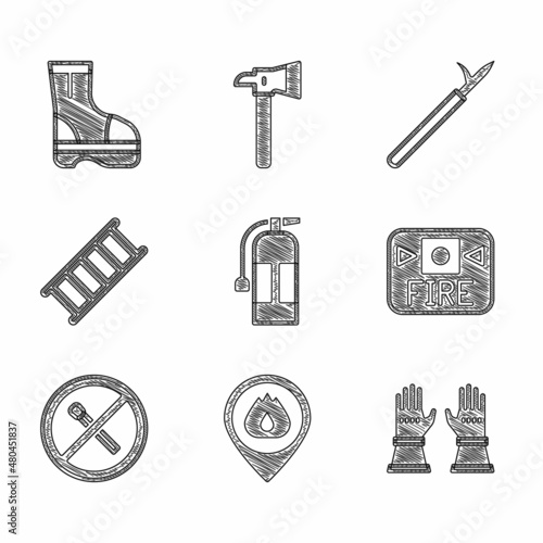 Set Fire extinguisher, Location with fire flame, Firefighter gloves, alarm system, No match, escape, Metal pike pole and boots icon. Vector