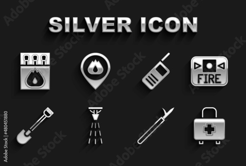 Set Fire sprinkler, alarm system, First aid kit, Metal pike pole, shovel, Walkie talkie, Matchbox and matches and Location with fire flame icon. Vector