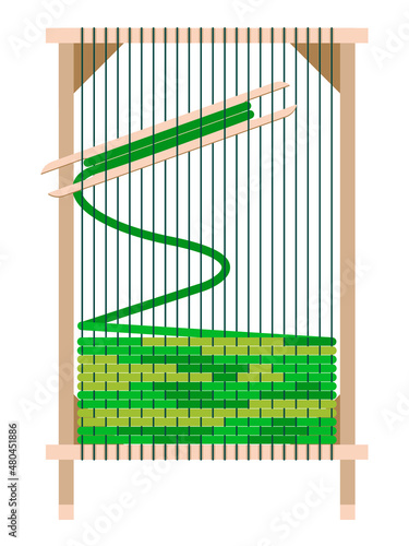 Vector graphics - rectangular wooden loom with stretched threads and rows of green yarn for hand carpet weaving isolated on a white background. Concept - home hobby and needlework