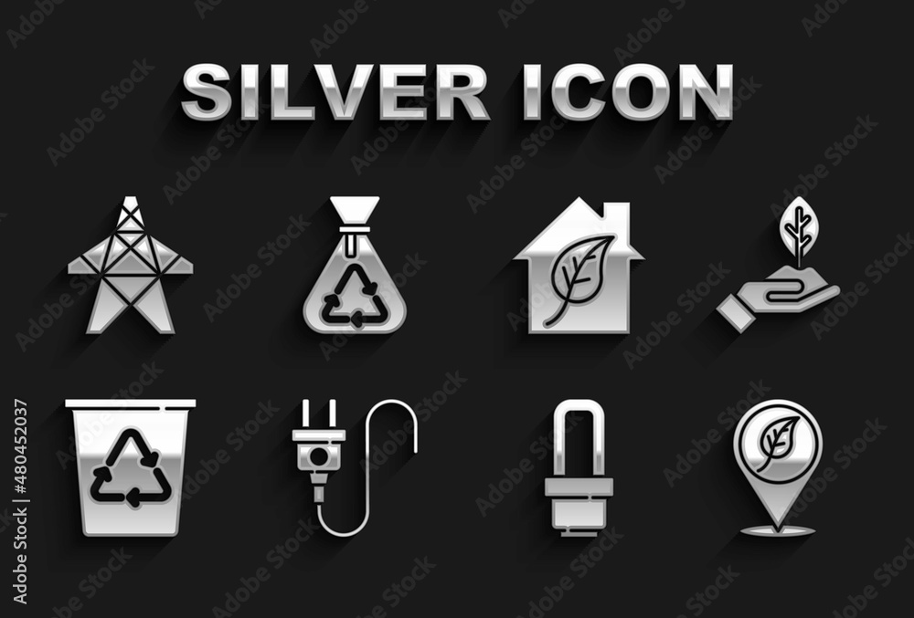 Set Electric plug, Plant in hand, Location with leaf, LED light bulb, Recycle bin recycle, Eco friendly house, tower and Garbage bag icon. Vector Set Electric plug, Plant in hand, Location with leaf, LED light bulb, Recycle bin recycle, Eco friendly house, tower and Garbage bag icon. Vector