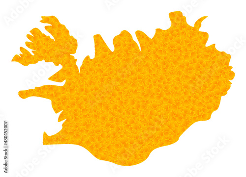 Vector Gold map of Iceland. Map of Iceland is isolated on a white background. Gold particles pattern based on solid yellow map of Iceland.