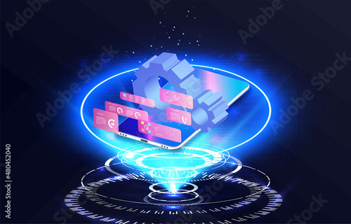 Dashboard Application on laptop with business analytics data, charts. Software development for different devices.  Asset warehouse and inventory management supply chain technology concept. 