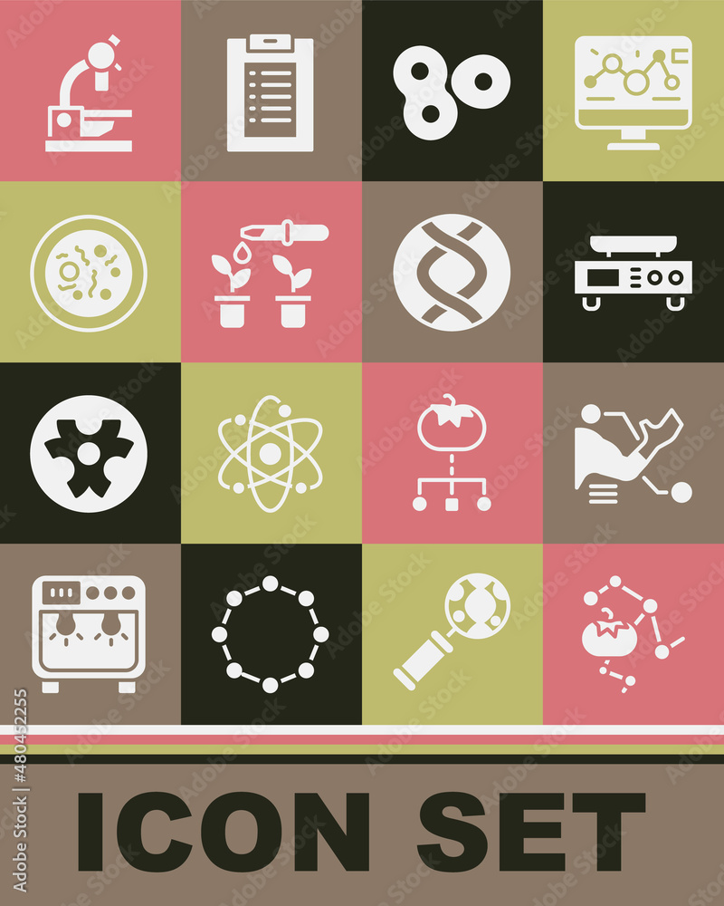 Set Genetically modified food, Prosthesis hand, Electronic scales, Cell division, Pipette plant, Petri dish with bacteria, Microscope and DNA symbol icon. Vector Set Genetically modified food, Prosthesis hand, Electronic scales, Cell division, Pipette plant, Petri dish with bacteria, Microscope and DNA symbol icon. Vector