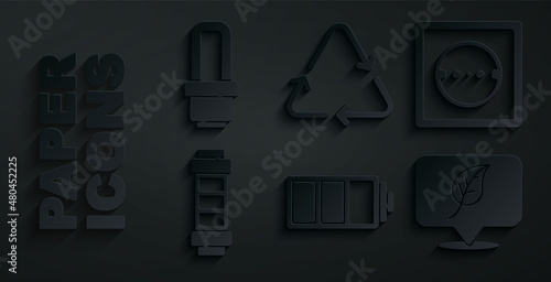 Set Battery, Electrical outlet, Location with leaf, Recycle symbol and LED light bulb icon. Vector