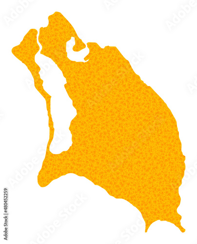 Vector Golden map of Barbuda Island. Map of Barbuda Island is isolated on a white background. Golden particles texture based on solid yellow map of Barbuda Island.