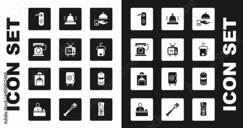 Set Covered with tray, Retro tv, Telephone handset, Door handle, Towel hanger, Hotel service bell, Trash can and Lift icon. Vector