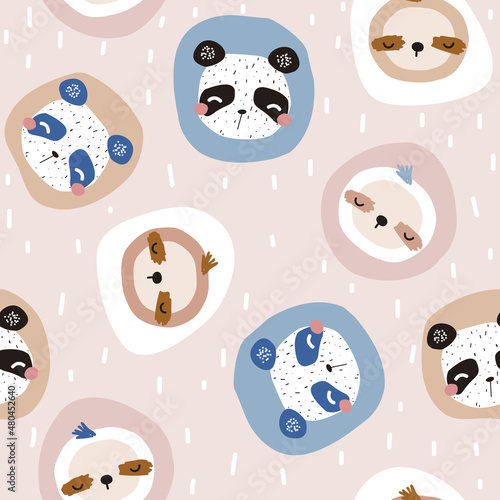 Funny childish seamless pattern with panda and sloth. Cute print. Vector hand drawn illustration.
